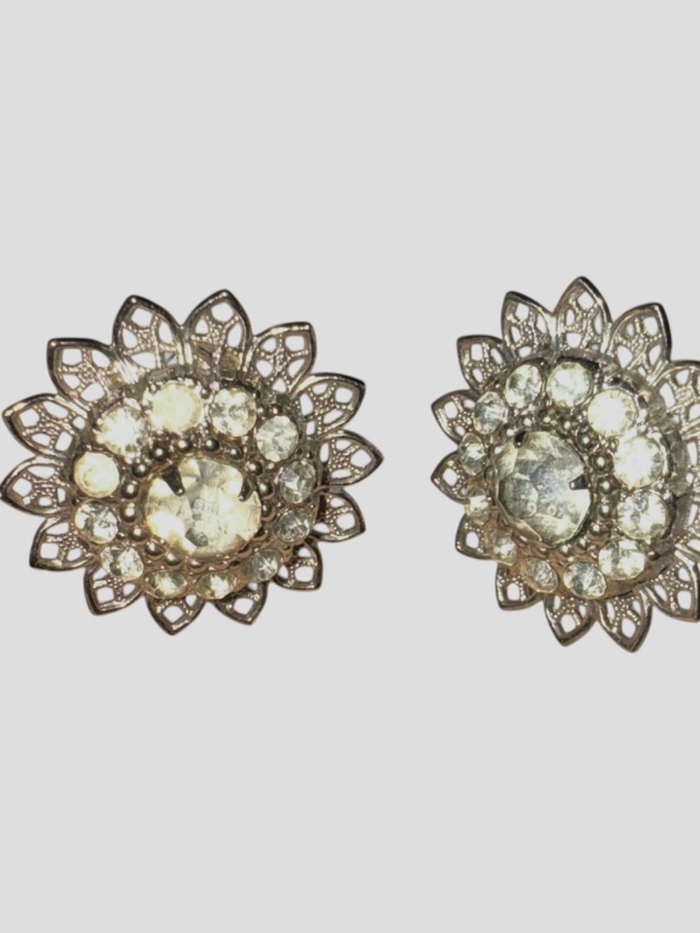 Vintage Silver Tone Filigree Sunburst Rhinestone Screw Back Earrings